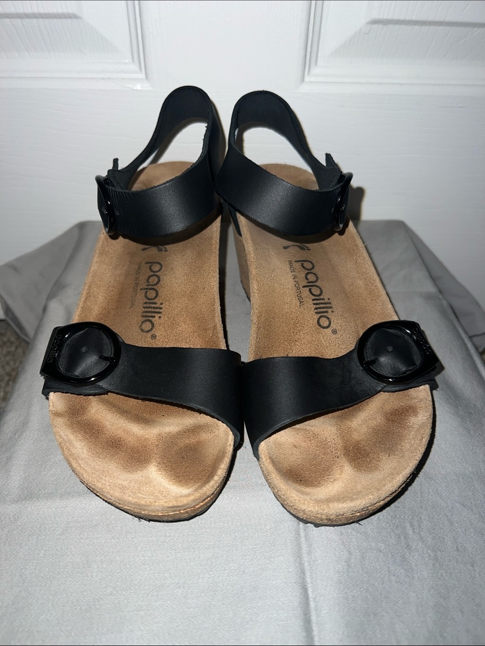 Papillio Black Leather Two-Strap Slingback Sandals